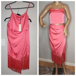 NWT Rachel Zoe 2 Piece Satin Pink Set Midi Fringe Skirt Smocked Crop Top Small
